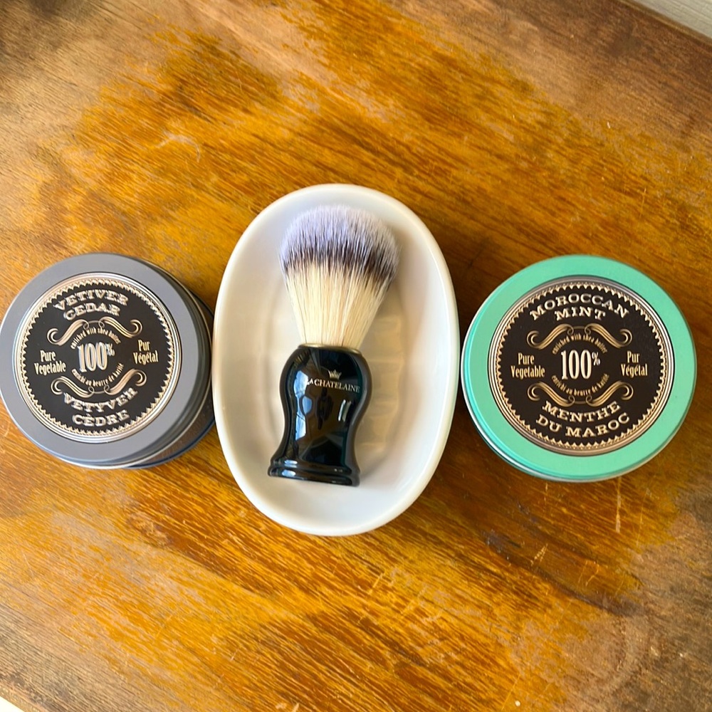 La Chatelaine Vetiver Cedar and Moroccan Mint Shaving Soaps w. Dish & Brush